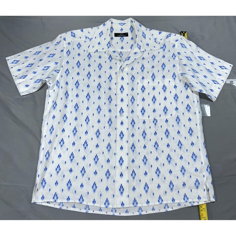 Jim Thompson Shirt Mens S White Blue Ikat Linen Short Sleeve Button Up Casual